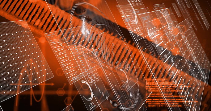 Rendering clear DNA helix rotating in orange interface, with floating holographic data panels