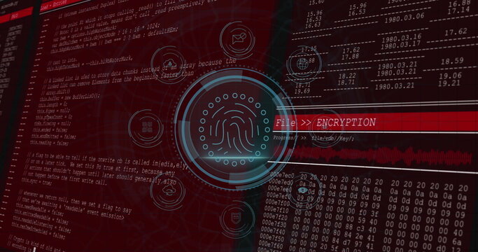 Displaying circular fingerprint pulsing on secure interface, with encryption bar, waveform and code