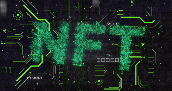 Displaying stylized NFT text forming green pixels on virtual circuit board, with binary code