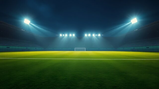 Night soccer field with glowing stadium lights