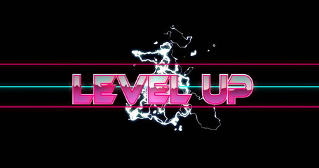 Glowing neon LEVEL UP sign shining on black canvas with electric glow, pink cyan horizontal lines