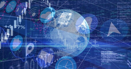 Floating translucent Earth globe on data dashboard, showing candlestick chart and cloud icons
