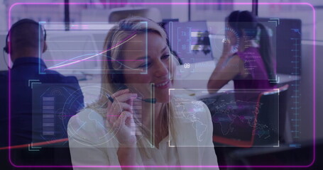 Smiling female agent wearing headset and typing on computer at call center, with data overlays