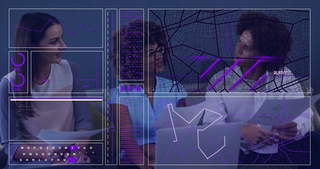 Collaborating professionals examining data in office with laptop, documents and digital overlays