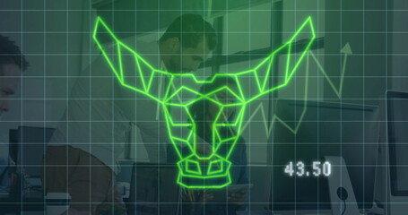 Floating neon green bull graph overlay rising over office desk, with professionals using tablet