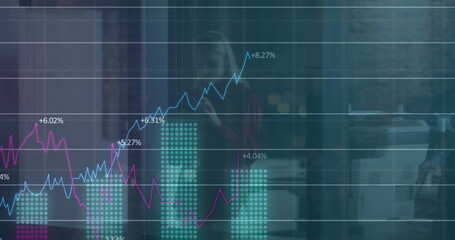 Standing businesswoman holding smartphone behind office glass wall, with financial chart overlay