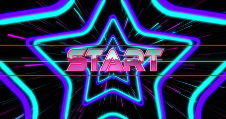 Pulsing neon star shapes radiating outward with neon lines in game screen, with START text glowing