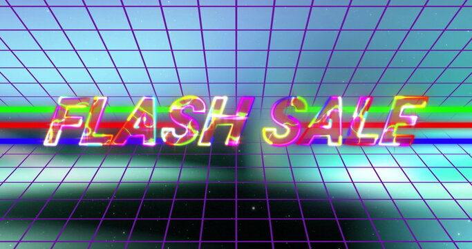 Floating neon glowing FLASH SALE sign illuminating retro futuristic grid floor and wall RGB stripes - Powered by Adobe