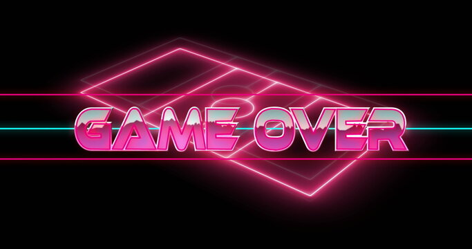 Displaying neon GAME OVER text glowing on black digital screen, with wireframe shape and neon lines