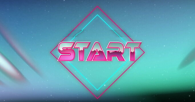 Naklejki Glowing neon pink START letters pulsing in outer-space themed backdrop, with neon diamond outlines