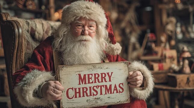 Santa claus holding a merry christmas sign while sitting in a chair with a workshop background scene