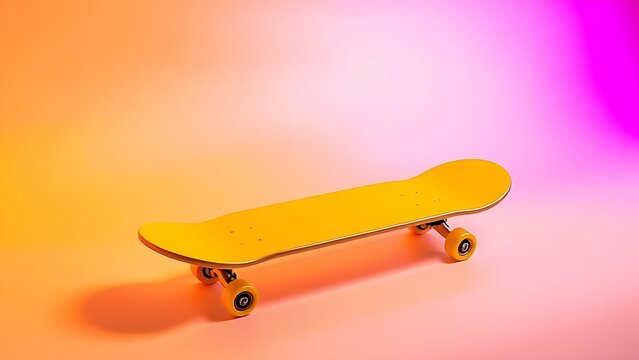 A yellow skateboard pops against a neon backdrop, capturing dynamic energy.