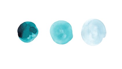 A set of watercolor circles in blue shades. Dark turquoise. Blue and blue circles on a white background