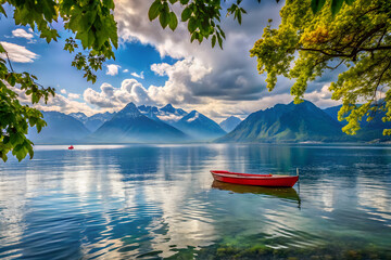 A serene view of lake geneva with a solitary red boat floating peacefully the majestic alps rise in the background under a cloudy sky, framed by vibrant foliage