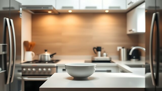 Minimalist kitchen with stainless steel appliances and ceramic bowl on countertop.