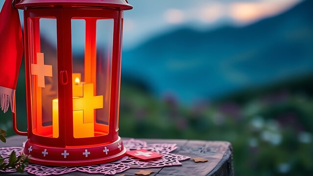 Glowing Swiss lantern with white cross on wooden planks, warm candlelight illuminating lace, alpine meadow in twilight.