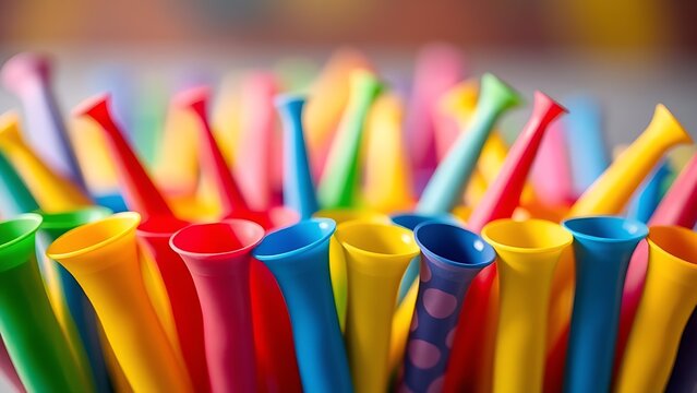 Colorful party horns arranged in a vibrant pattern, evoking festive celebration and joy.