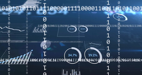 Displaying floating interface in holographic space, with binary streams, pie charts and graphs