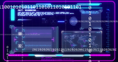 Displaying UI on console with purple-cyan accents, streaming binary code, waveform graph, world map