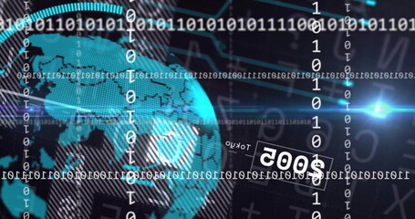 Floating digital globe showing map outlines and grid in data interface, with flowing binary streams