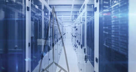 Showcasing data center corridor running between glass server racks, with LED lights and cable trays