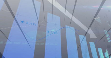 Displaying holographic dashboard projecting blue bar chart with line graph markers in control room