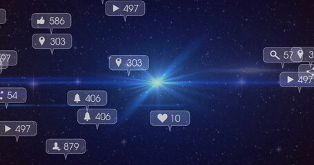 Glowing blue starburst emitting lens flare across space, with floating social media notifications