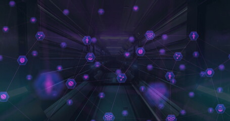 Glowing purple nodes hovering inside futuristic data corridor, showing human atom pill brain icons