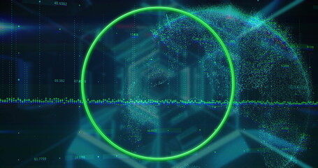 Displaying glowing neon green circular frame overlaying dark grid floor, with multicolored waveform