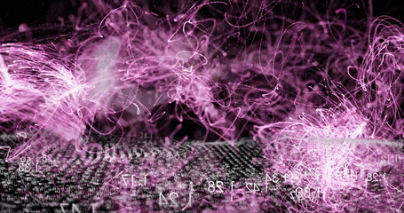 Swirling purple-pink light trails floating in virtual digital space, with white alphanumeric code