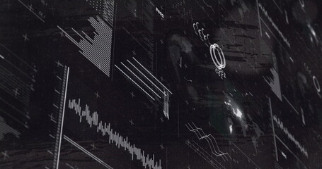 Abstract interface displaying data in tech center, with waveform chart, bar graph and world map