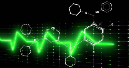Displaying green ECG waveform floating across digital grid, with white molecules and bond labels