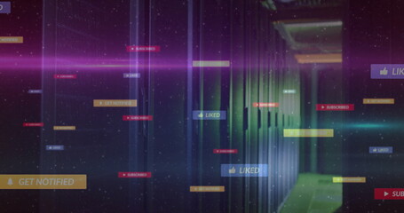 Streaming notifications floating inside server corridor at right, with light streaks, copy space