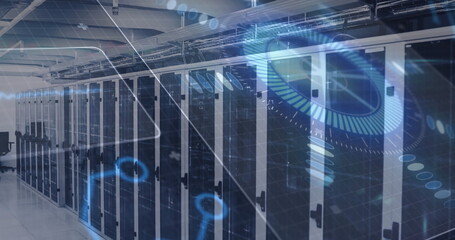 Operating glass-fronted server cabinets processing data in data center, with holographic graphics