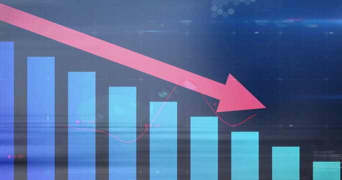 Displaying thick pink downward arrow trending on finance dashboard, with red line and bar chart