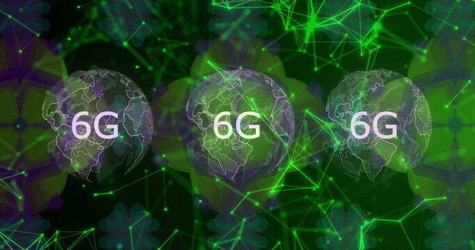 Showing three wireframe globes in network backdrop, featuring 6G labels, neon lines and nodes