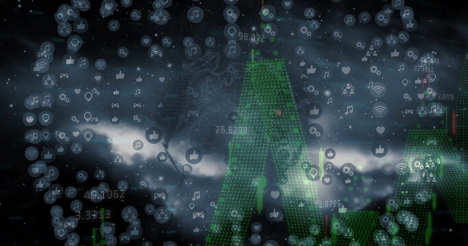 Forming central binary pillar amid stormy cloudscape, swirling digital icons and green data bars - Powered by Adobe