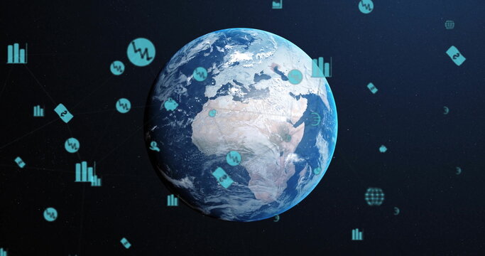 Naklejki Floating Earth globe rotating against cosmic backdrop, with connecting lines, cyan analytics icons