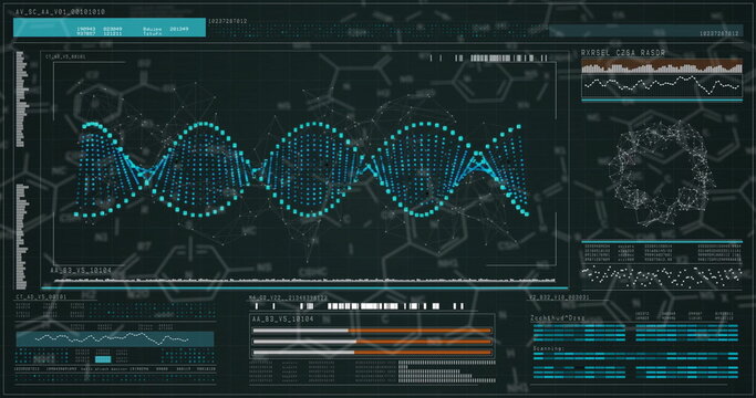 Displaying central DNA helix graphic on lab console, presenting waveform graphs in data panels - Powered by Adobe