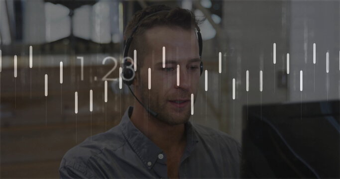 Monitoring agent wearing headset sitting at desk with screen in office, viewing overlay charts