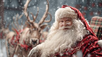 Santa claus waving with reindeer in the background during a snowy winter christmas holiday scene - Powered by Adobe