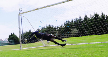 Diving goalkeeper stretching on soccer field grass wearing gloves, with ball nearing goalpost net