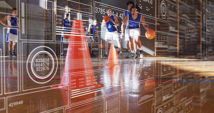 Dribbling teammates wearing blue jerseys and white shorts around cones on gym court, with analytics