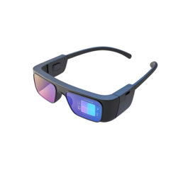 Blue, futuristic glasses float with a transparent background. For digital mockups, presentations, and product promotion.