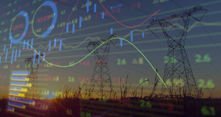 Showing three steel lattice power line towers rising over dusk fields with financial chart overlays