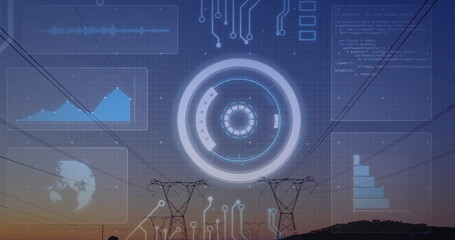 Overlaying HUD on power towers at dawn, with waveform, charts, map, code snippet and circuit traces