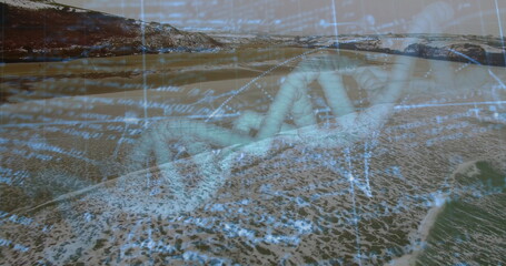 Displaying translucent DNA helix blending with sandy waves at shoreline, with floating numeric text