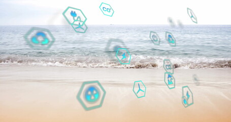 Floating cluster of hexagonal icons drifting above sandy shore at ocean, with energy green symbols