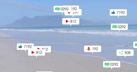 Floating callouts showing metrics at beach shore, thumbs-up comment view notification share icons