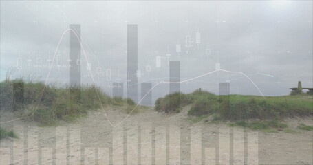 Winding sandy pathway cutting through grassy dunes at coastal dune area, with overcast sky